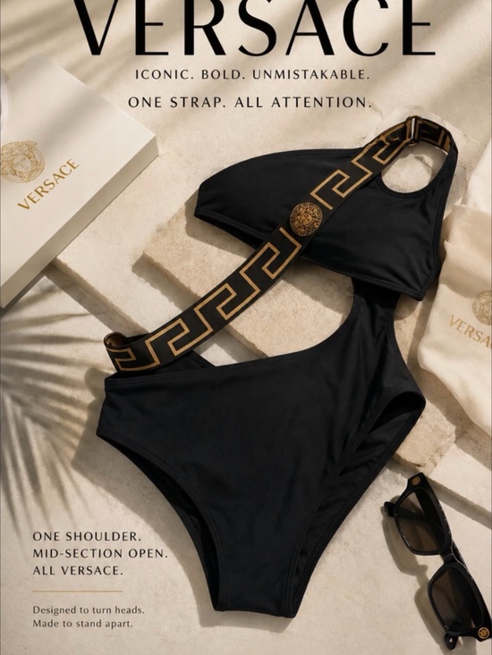 Versace Accessories - Versace Black and Gold One-Shoulder Logo-Trim Sunglasses & Swimsuit Set